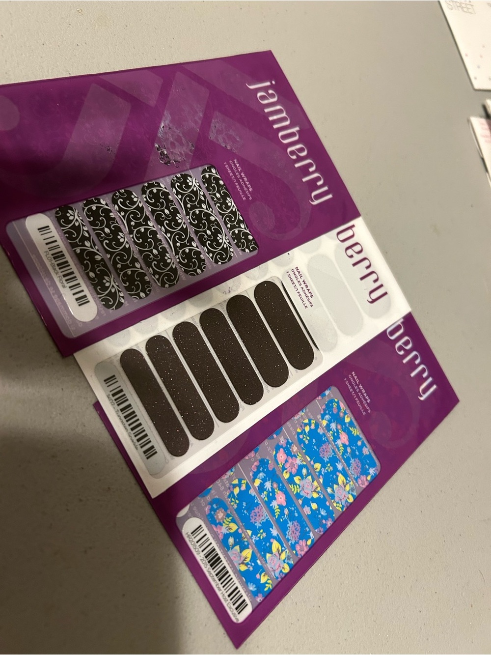 Jamberry Nail Wraps - Black Filigree, Black Glitter, Blue Floral